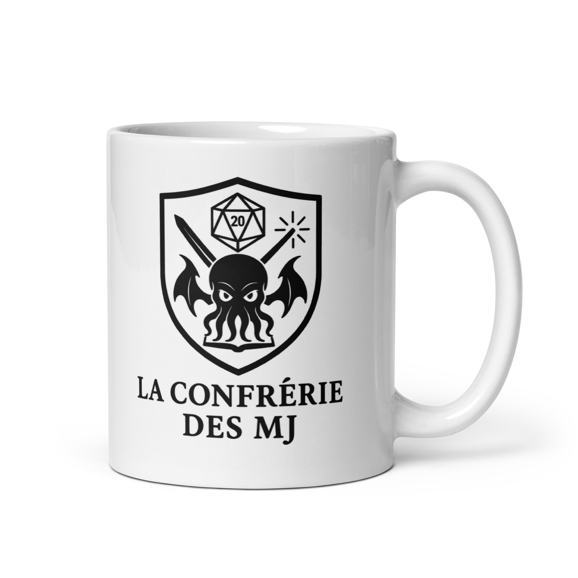 Mug blanc portant le blason de La Confrérie des MJ
